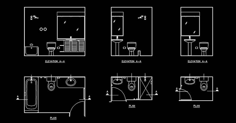 WC bathroom design in AutoCAD dwg in plan and elevation