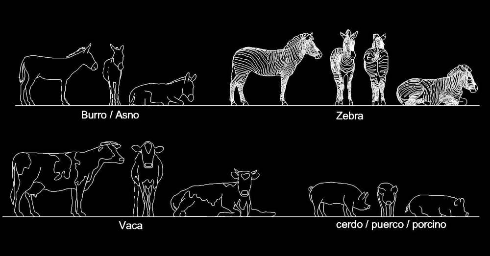 CAD Blocks, Cow, Zebra, Donkey, Pig in Elevation Views Dwg 2d