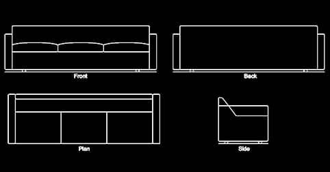 3 seat sofa in 2d dwg plan and elevation views
