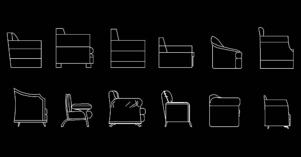 CAD Block of Sofa, Couch and Armchair, free download dwg autocad, side elevation views