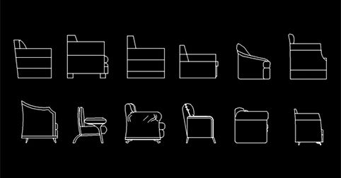Download Sofa Couche Armchairs in side elevation - CAD Blocks dwg