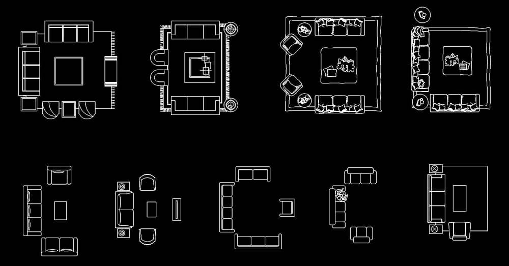 CAD Blocks of Sofa, Couch and Armchair, free download sets dwg autocad, plan view