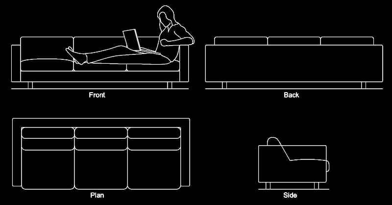 3-seat sofa in plan and elevation views CAD block