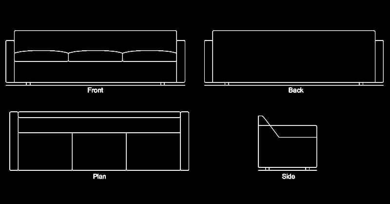 3 seat sofa in 2d dwg plan and elevation views