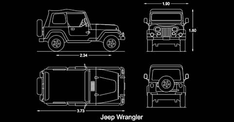 ​​​​CAD Blocks of Jeep Wrangler SUV car dwg 2d