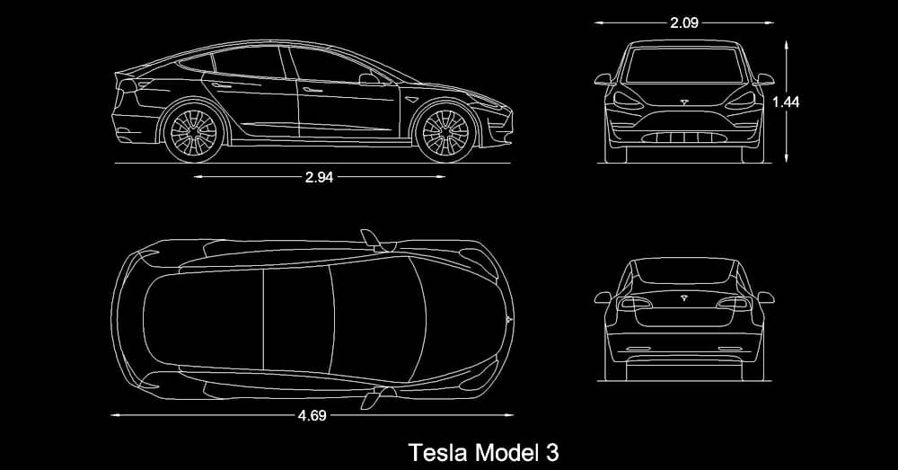 cad blocks Tesla Model 3 Car dwg free download